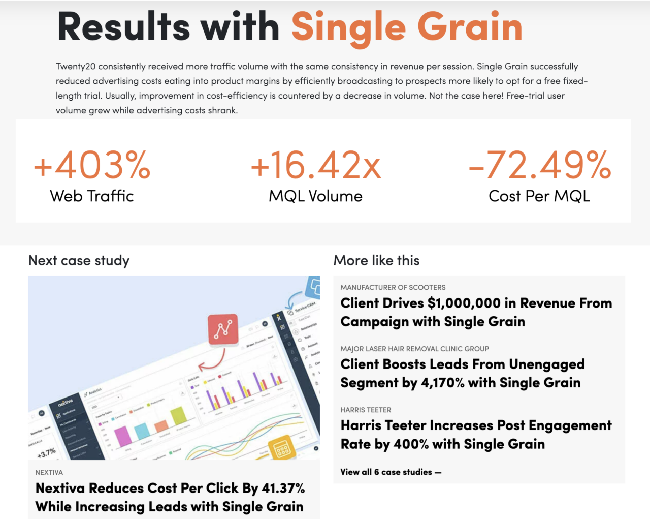 Internal links on case study page for Single Grain Agency