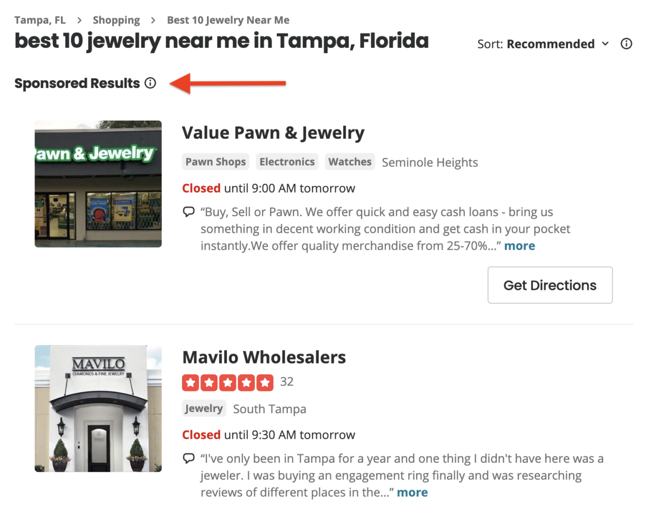 Jewelry ads on Yelp