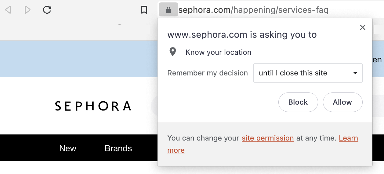 Sephora local seo via location request pop-up