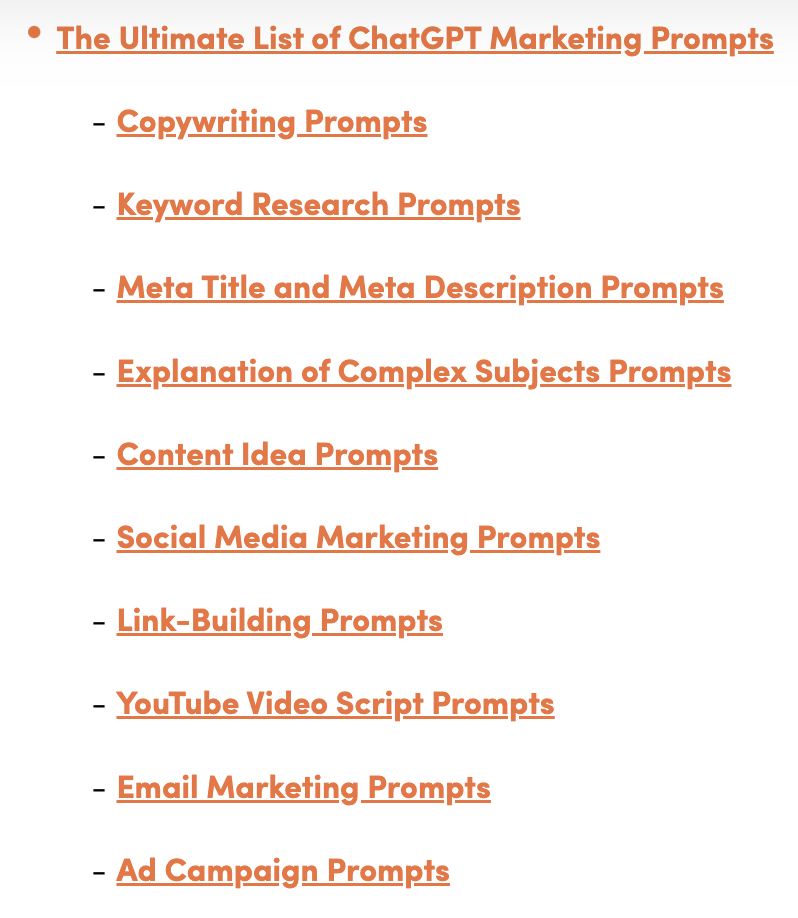 ChatGPT marketing prompts table of contents