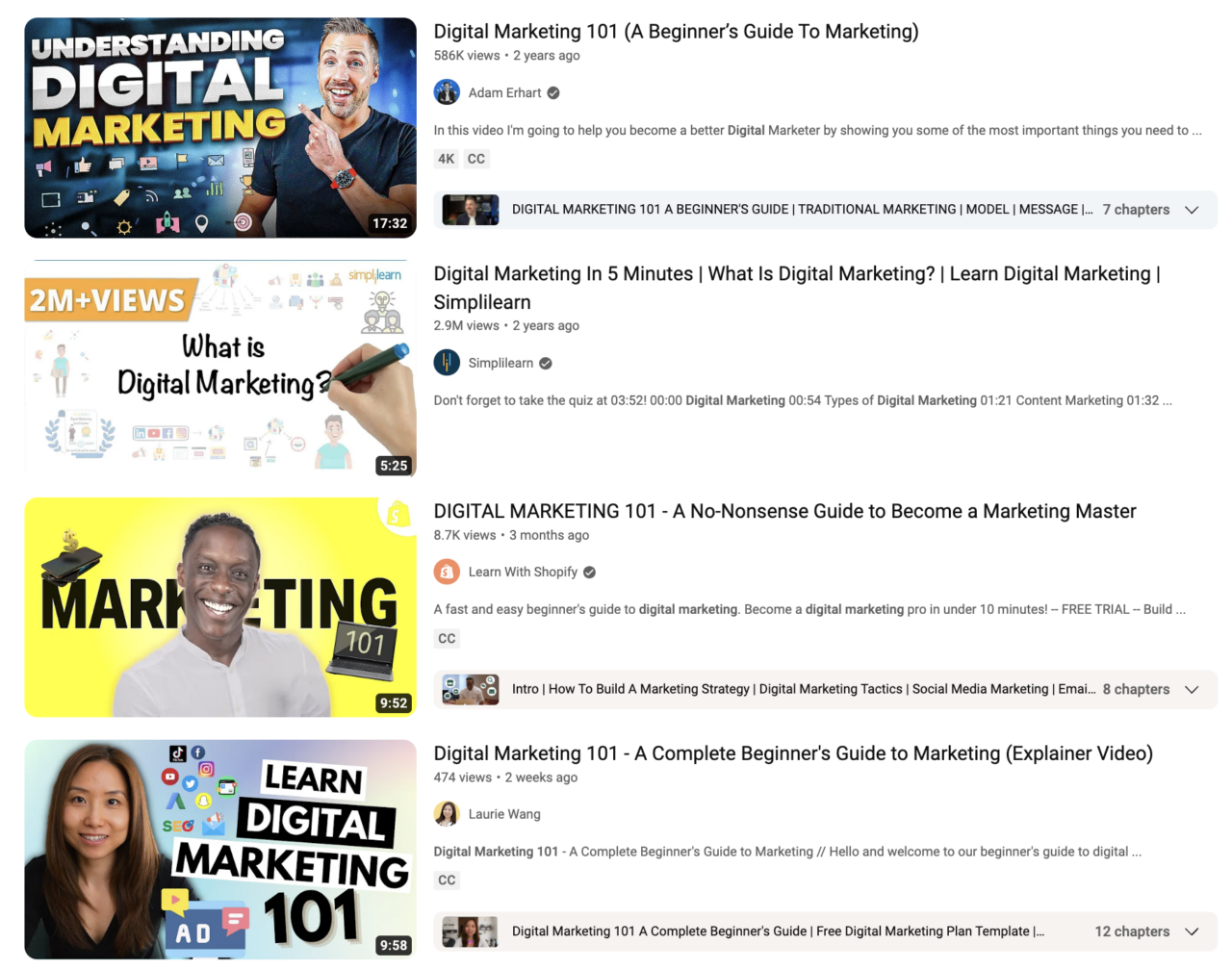 Digital marketing tutorials on YouTube