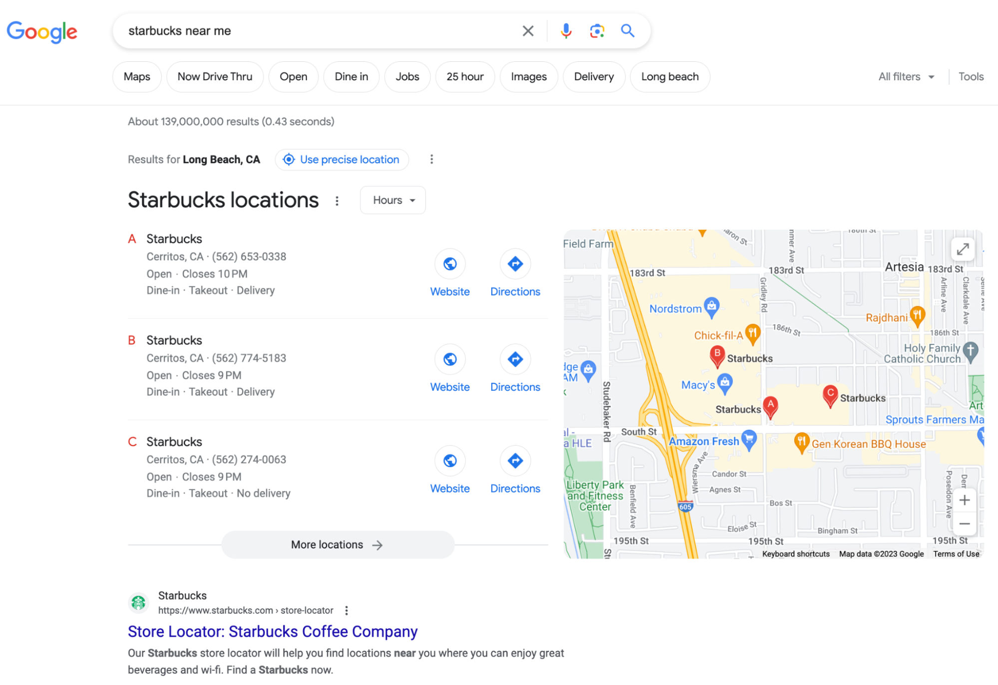 screenshot of Google SERPs results for "starbucks near me"