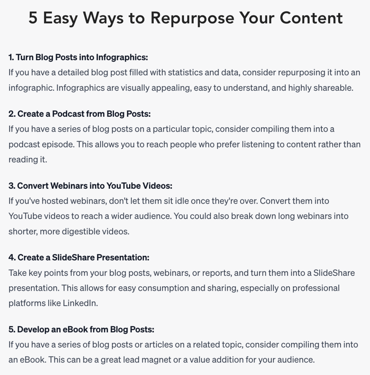 Repurposing Content List for a content marketing strategy