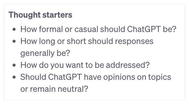 ChatGPT thought starters for custom instructions