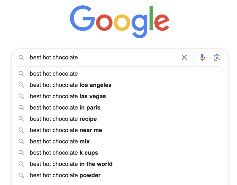 Google autocomplete results for best hot chocolate