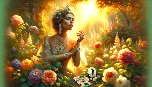 Amidst a lush garden bathed in golden sunlight, a radiant model adorned in exquisite jewelry strikes a pose - jewelry advertising ideas