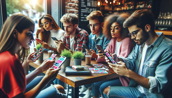 A goup of young adults in a trendy urban café, all engrossed in their smartphones displaying various eye-catching mobile ads