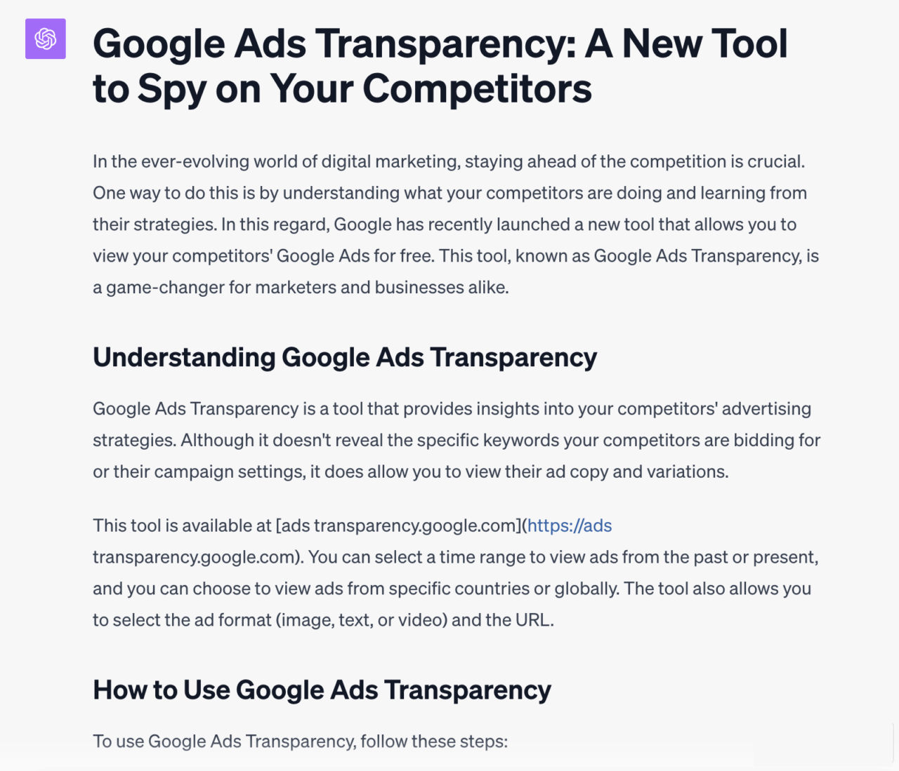 ChatGPT Google Ads Transparency blog post from podcast