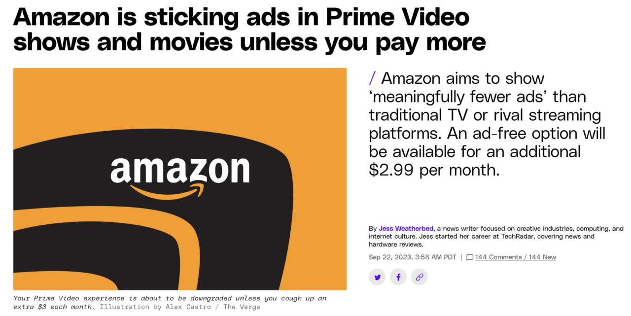 Amazon Prime membership with and without ads