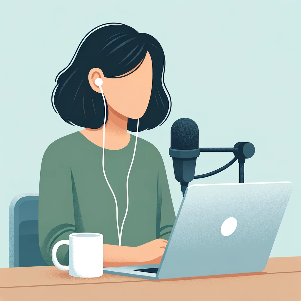 Female podcaster in front of mic and laptop