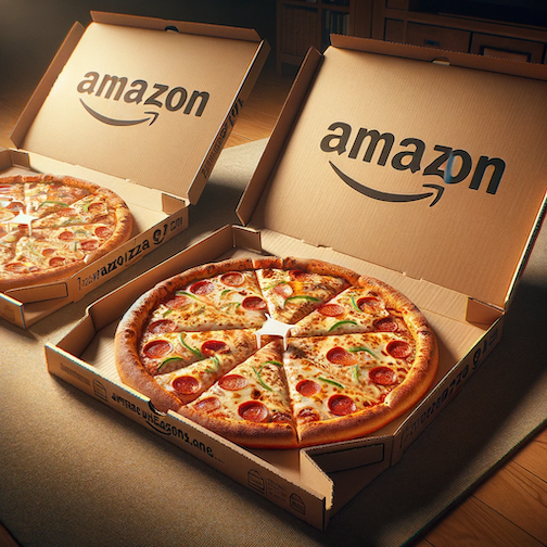 Two pizzas with the Amazon logo on the boxes