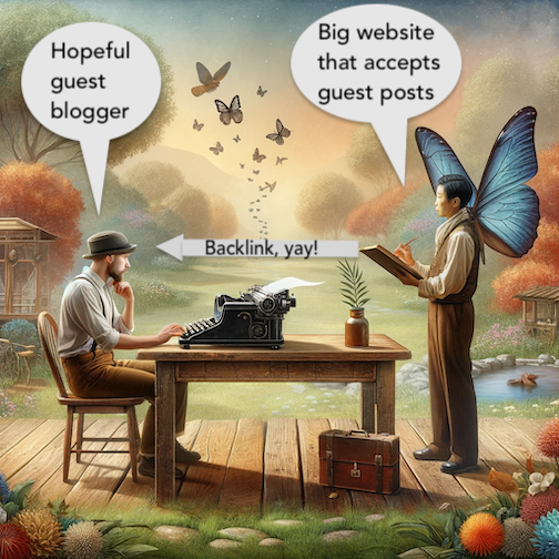 Cartoon depicting guest blogger hoping for a backlink from a big website