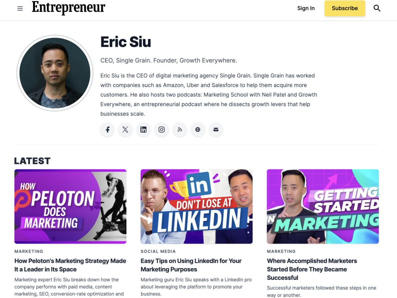 Eric Siu of Single Grain guest author on Entrepreneur - guest blogging is good for Google E-E-A-T