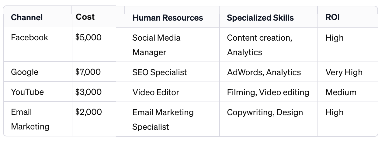 Marketing Channels Budget table format