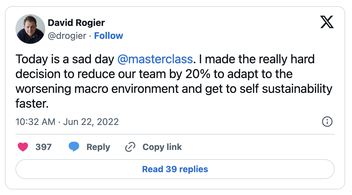 MasterClass CEO David Rogier tweet on employee cuts