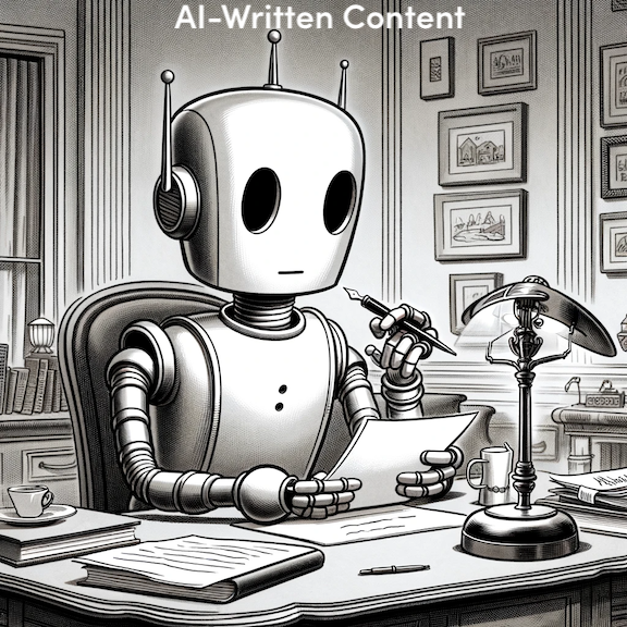 A New Yorker magazine cartoon-style illustration of a sophisticated, elegantly designed robot writing an article