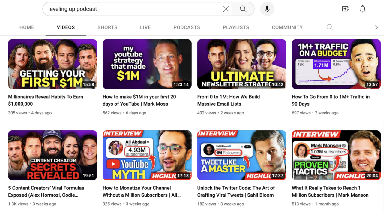 Leveling Up YouTube channel home page showing rows of videos