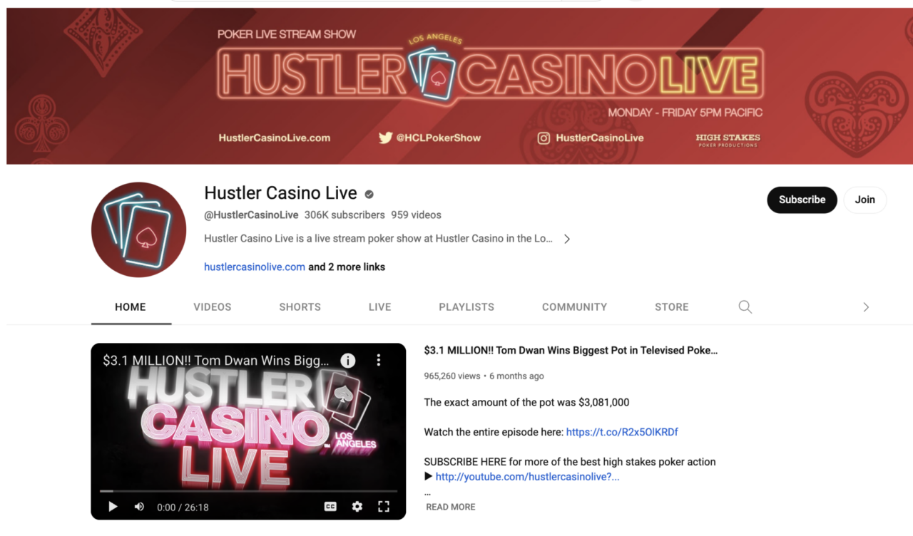 Hustler Casino Live YouTube channel