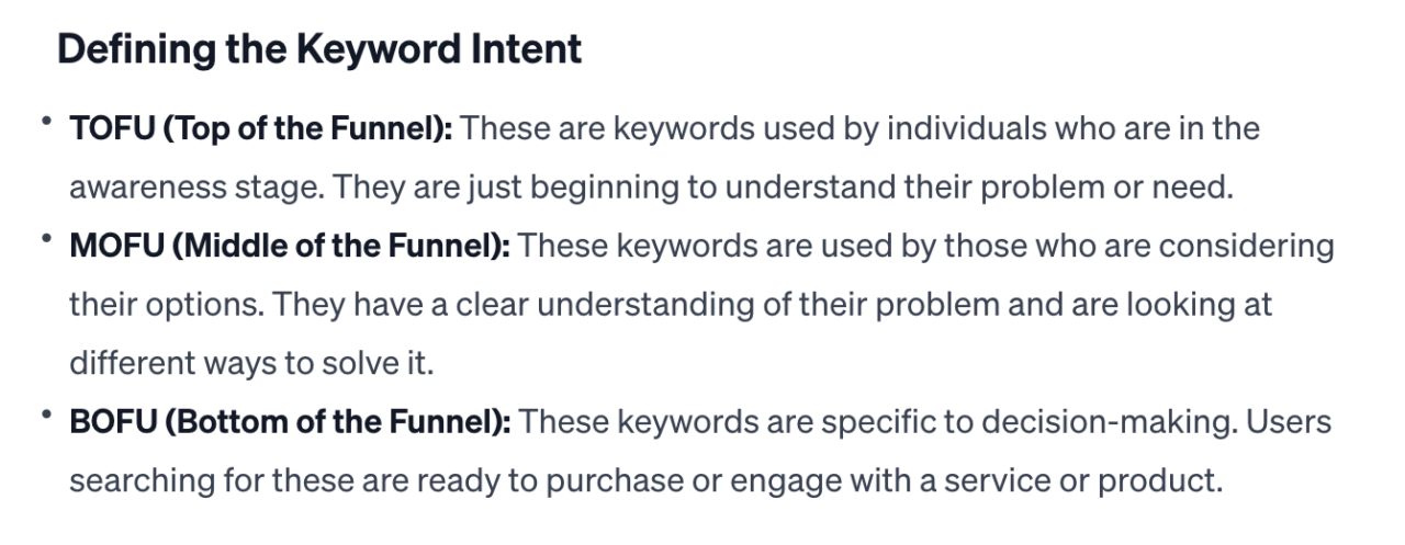 Keyword intent (TOFU, MOFU, BOFU definitions)