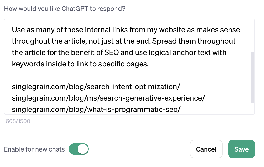 Screenshot of ChatGPT custom instructions on internal linking