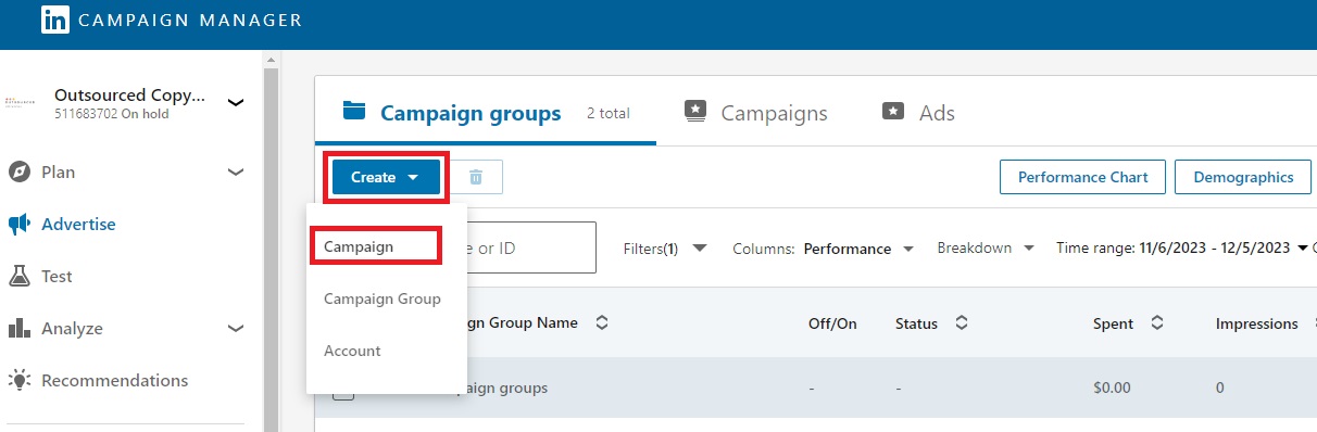 LinkedIn Ads: Create a campaign