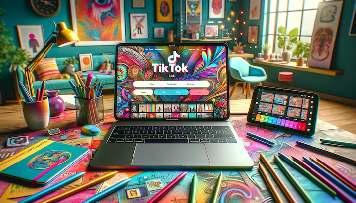 An open laptop on a vibrant, creative desk, displaying the TikTok website on its screen.