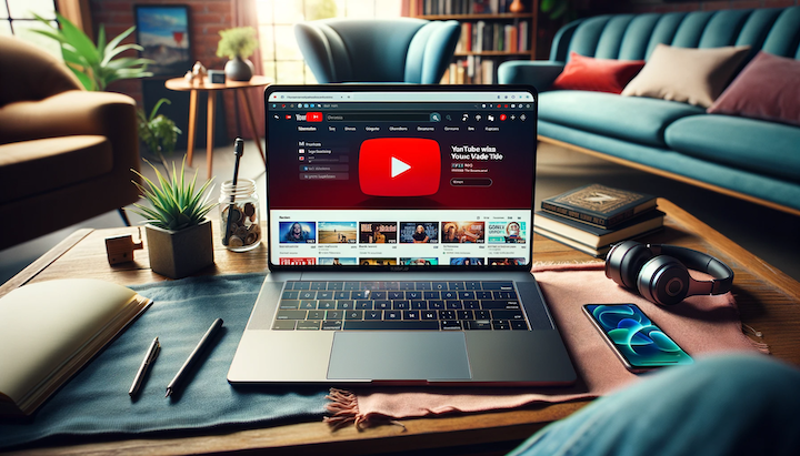 An open laptop on a casual, yet trendy desk, displaying the YouTube website on its screen. 