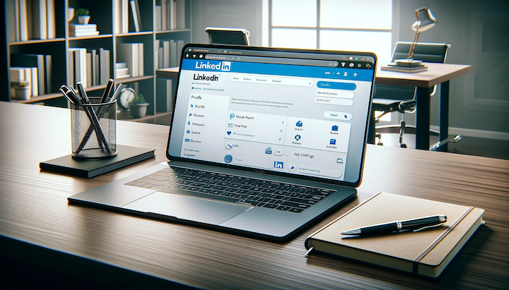 An open laptop placed on a neat, professional desk, displaying the LinkedIn website on its screen. 