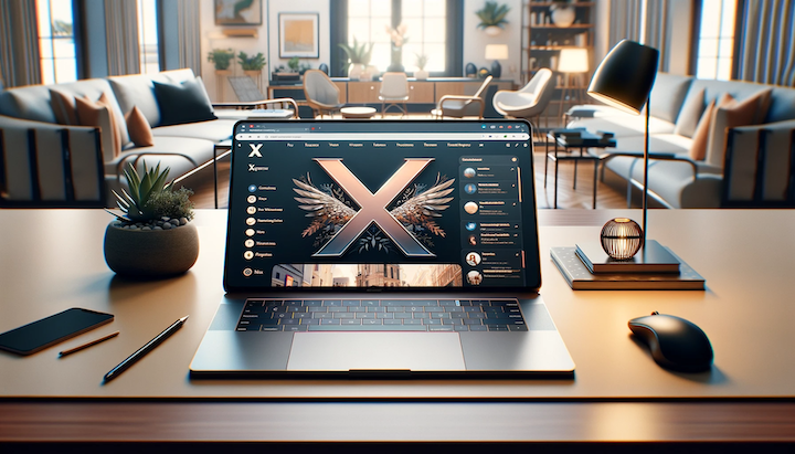 An open laptop on a stylish, modern desk, displaying the X (formerly Twitter) website on its screen. 