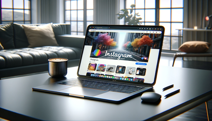 An open laptop on a modern, sleek desk, displaying the Instagram website on its screen.