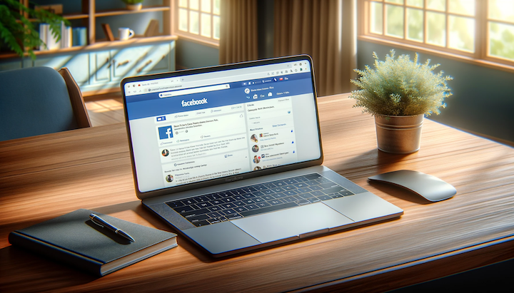 An open laptop on a wooden desk, displaying the Facebook website on its screen.