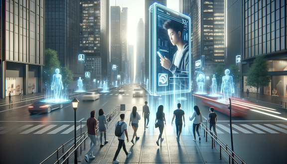 Image of a futuristic cityscape with a holographic mobile ad that interacts with pedestrians