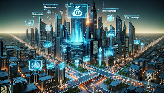 A futuristic city where SaaS solutions are powered by blockchain and IoT technologies