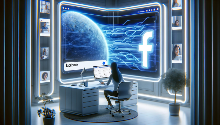 A futuristic office with a woman at a desk in front of a ceiling to floor screen working on facebook ad copy