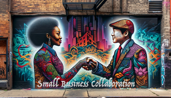 Vibrant graffiti art on an urban wall portrays a woman and a man shaking hands - small business collaboration