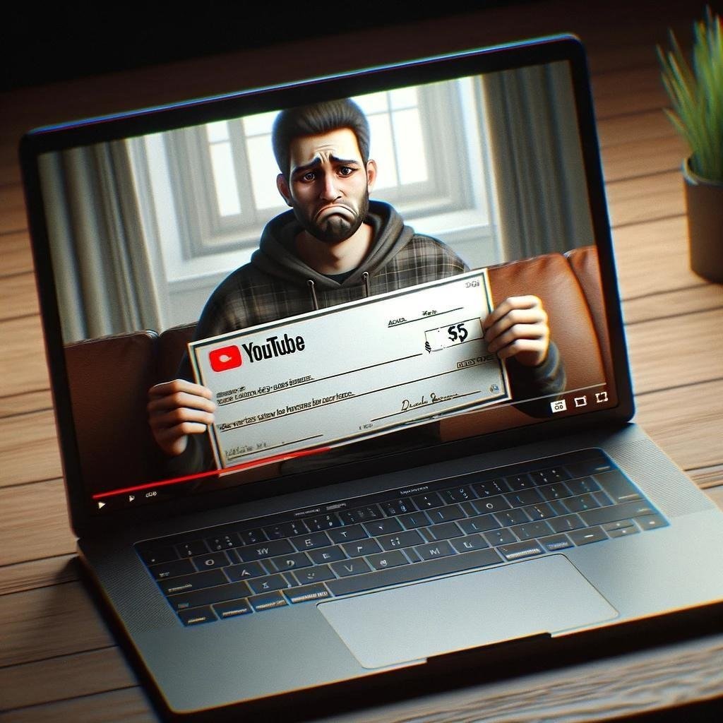 business monetization - an open laptop screen displaying a YouTube video with a person holding a check for $5