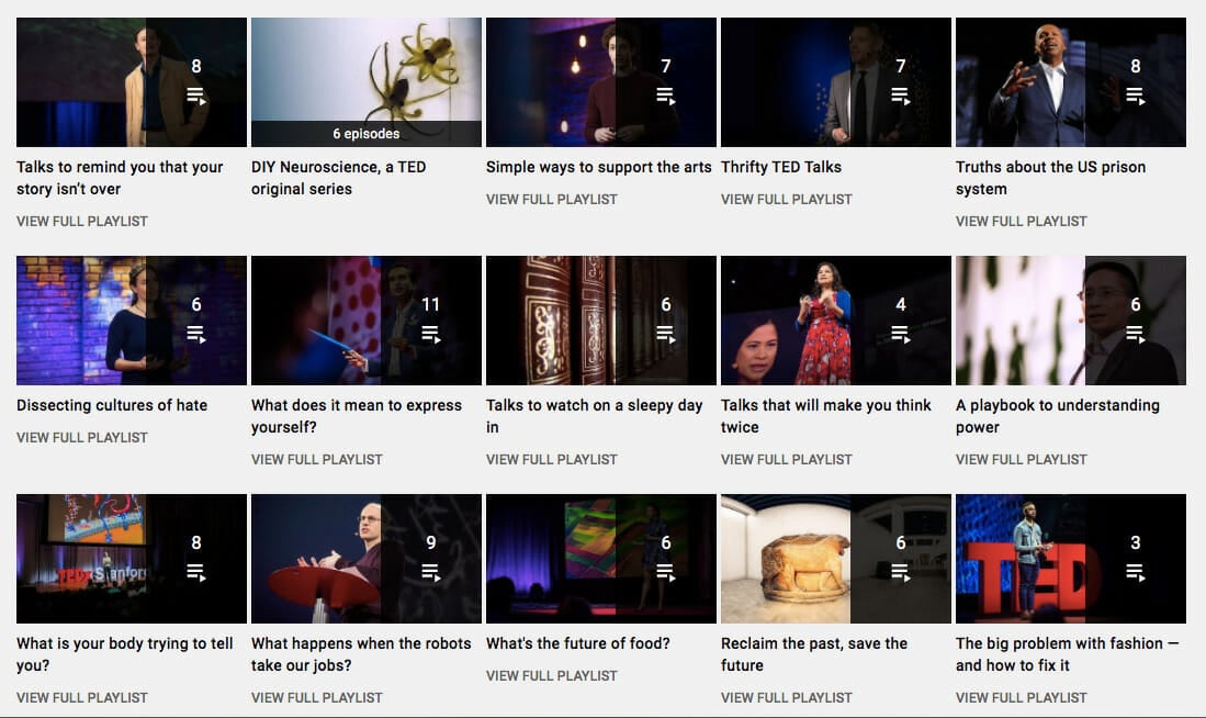 TED Talks YT playlists as example of popular video content types