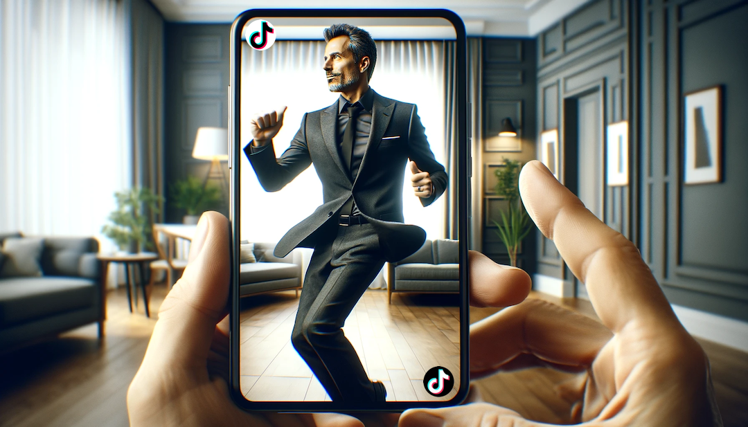 a middle-aged man in a tailored charcoal gray business suit dances on TikTok