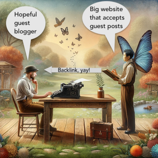 cartoon depicting a hopeful guest blogger hoping to get backlinks from a big website