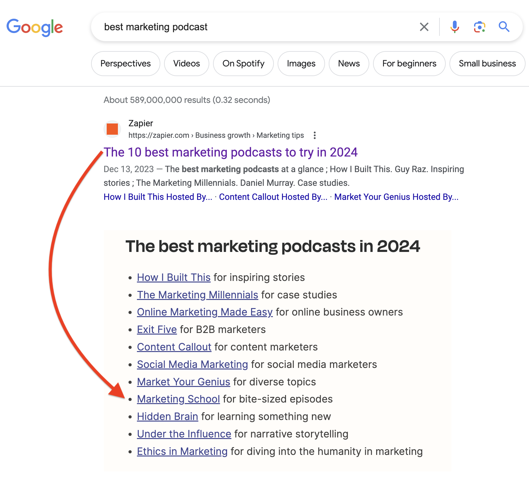 "best marketing podcast" showing up in the SERPs