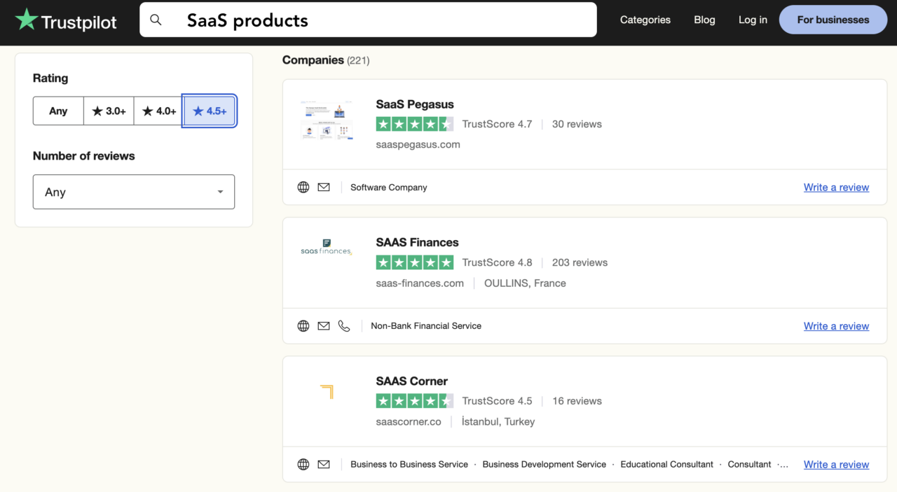 Trustpilot reviews of SaaS products