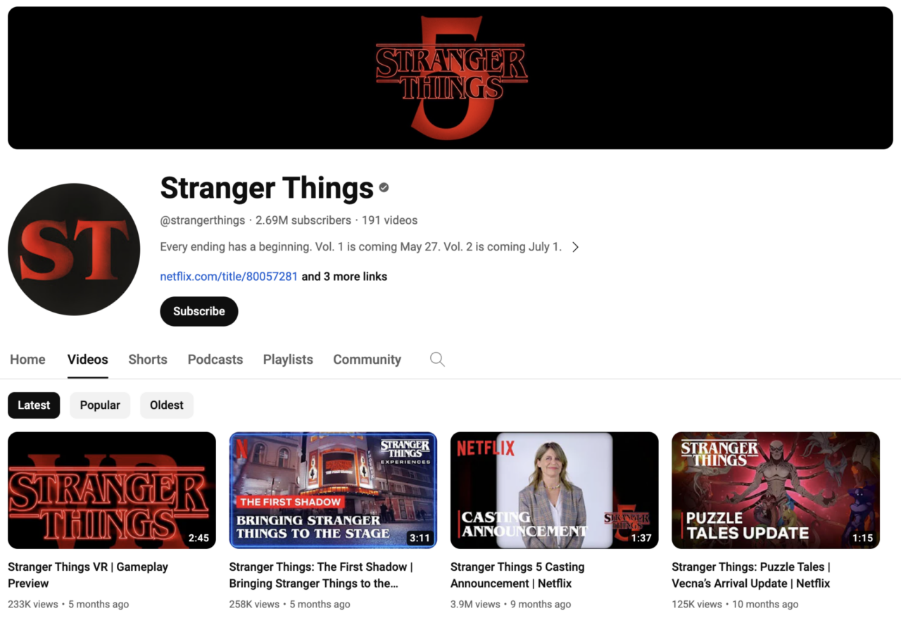 Netflix's Stranger Things series on YouTube