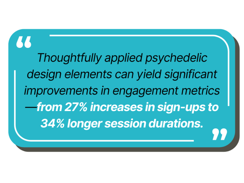 thoughtfully applied psychedelic design elements can yield significant improvements in engagement metrics—from 27% increases in sign-ups to 34% longer session durations.