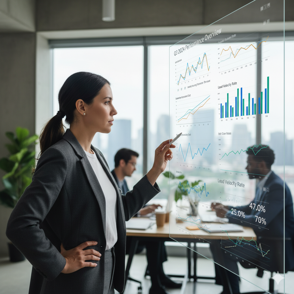 woman looking at marketing metrics chart