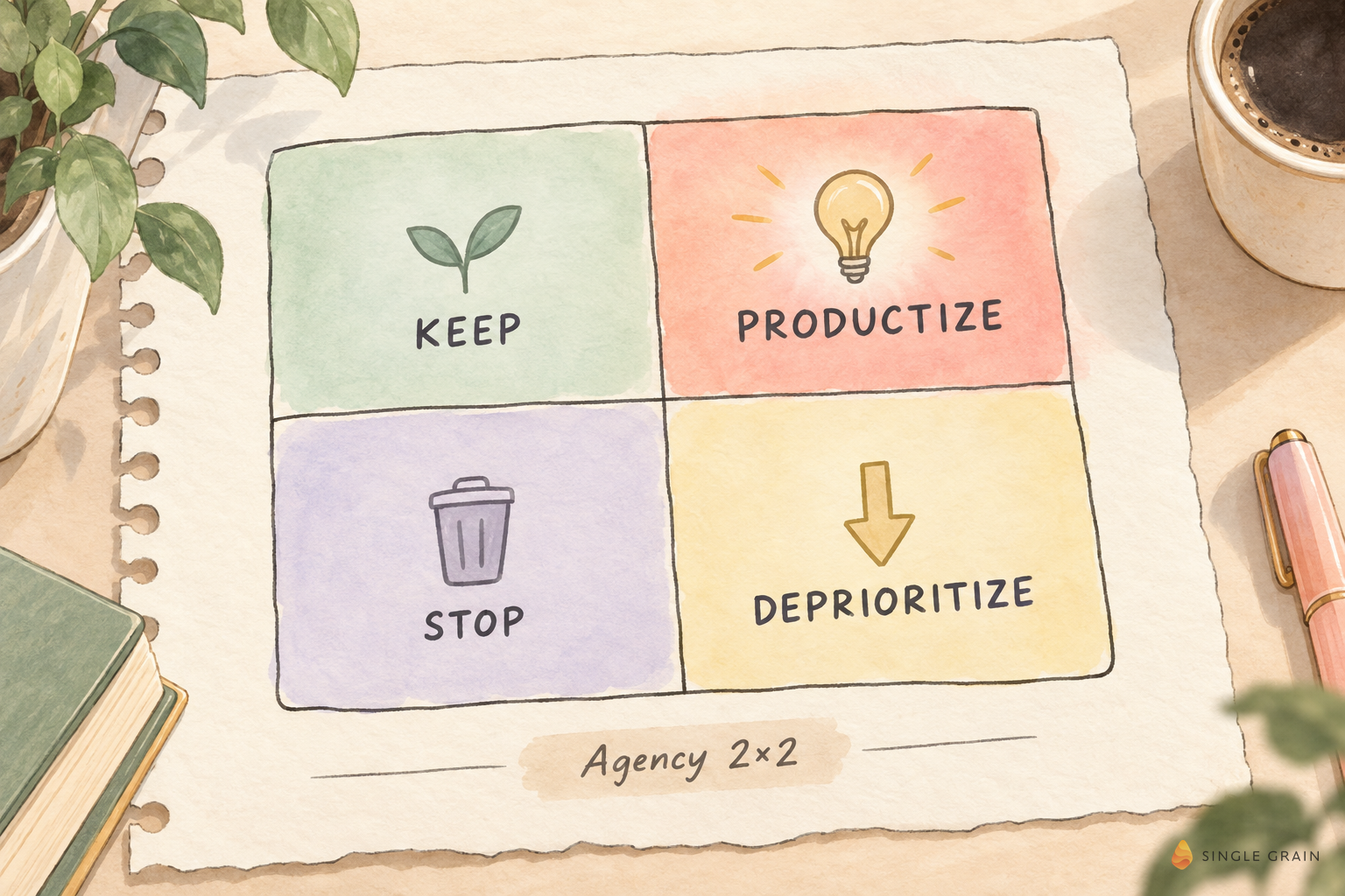 Simple pastel Agency 2x2 hero: KEEP PRODUCTIZE STOP DEPRIORITIZE