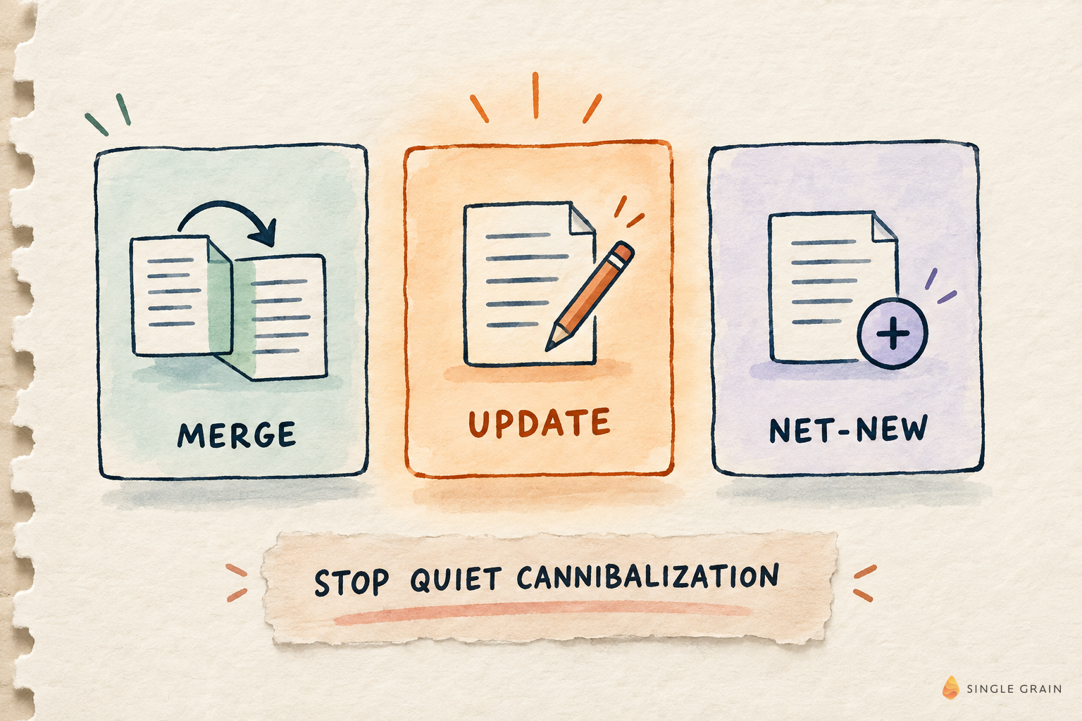 Cannibalization gate featured card for merge, update, or net-new decisions