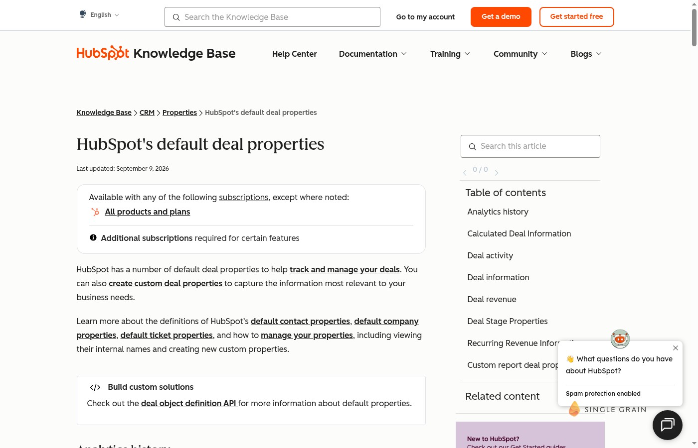 HubSpot Knowledge Base : default deal properties