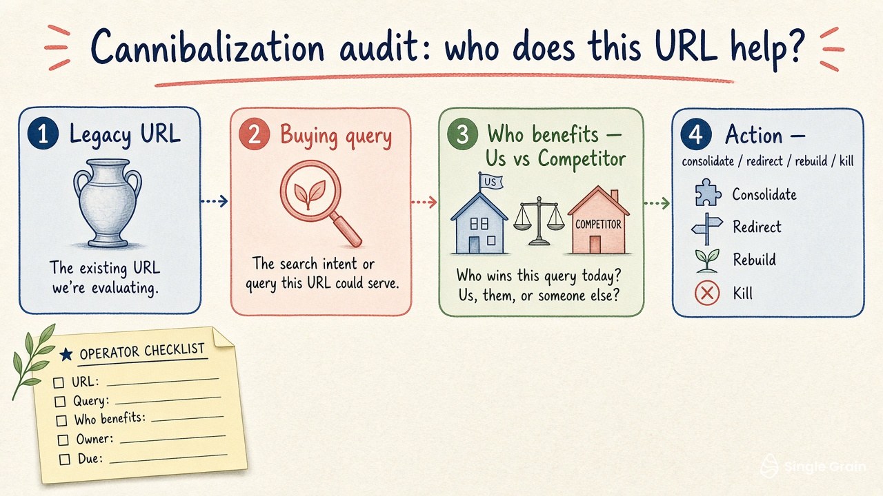 Pastel diagram of a legacy content cannibalization audit decision flow