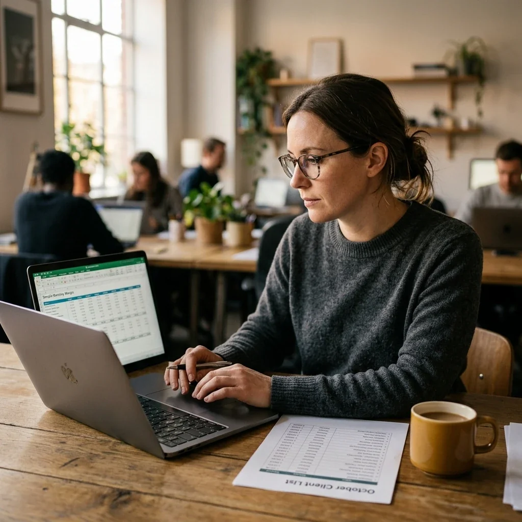 An agency operator reviewing the monthly margin math for a small AI-native services firm on a laptop