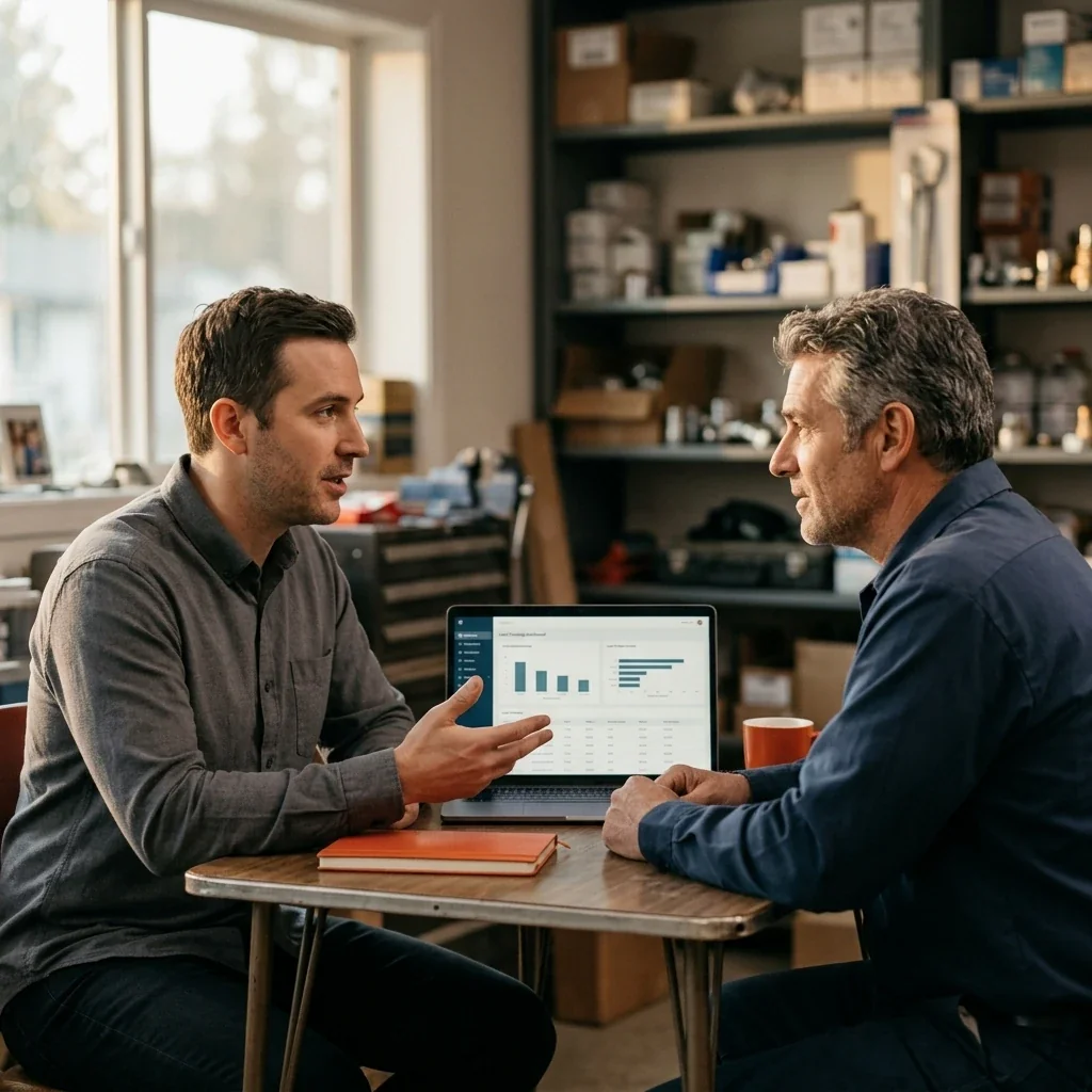 A marketing operator reviewing a lead-tracking dashboard with a local plumbing business owner in a shop back office